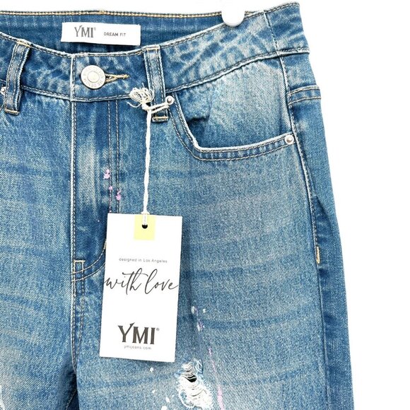 YMI Women's Distressed Splatter Paint Raw Hem Stretch  Blue Denim Jeans Size 5 - Picture 6 of 12
